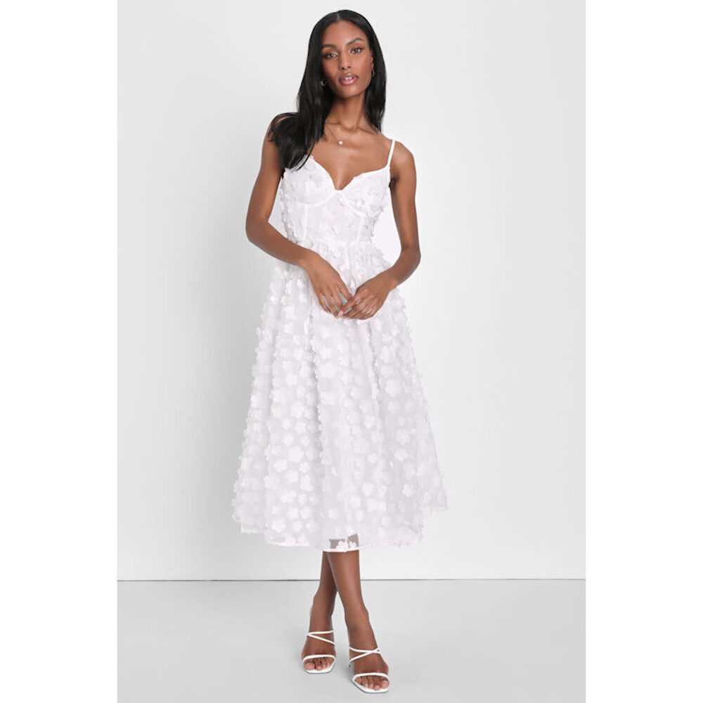 Lulus Whimsical Wishes White 3d Floral Bustier Midi Dress - Size S